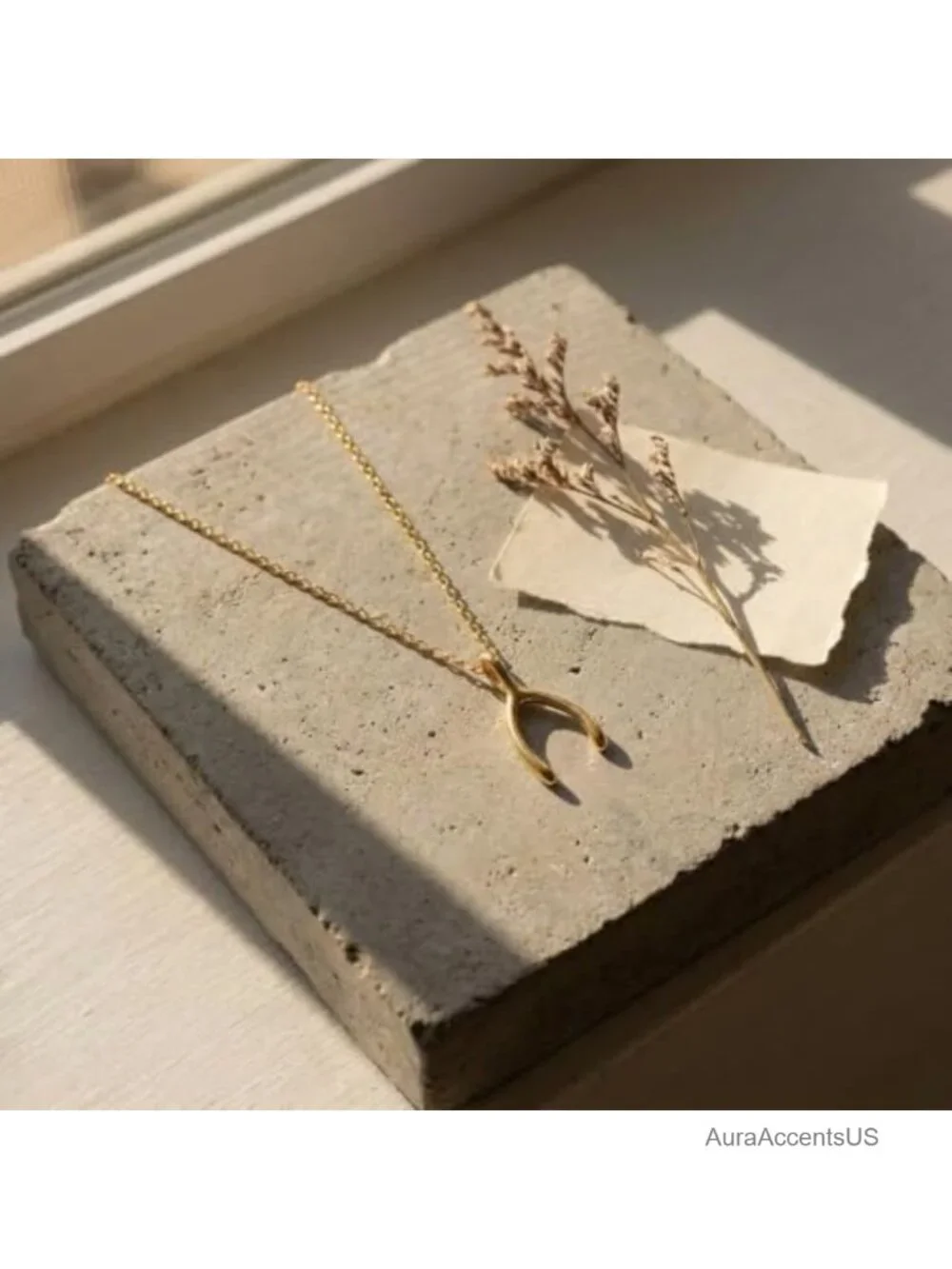 14K Gold Plated Wishbone Pendant Necklace Dainty Cable Chain